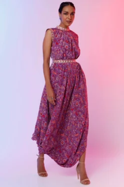 SVA Purple Floral Printed Draped Dress