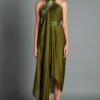 Amit Aggarwal Olive Green Halter Metallic Moulded Draped Dress