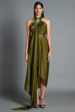 Amit Aggarwal Olive Green Halter Metallic Moulded Draped Dress