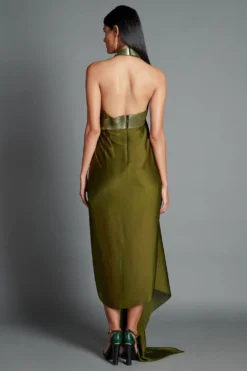 Amit Aggarwal Olive Green Halter Metallic Moulded Draped Dress -Inca Clothing Shop 082 olv 3