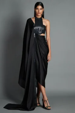 Amit Aggarwal Black Halter Neck Draped Dress