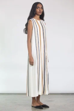 Bodice Ivory Pleated Straight Cut Sleeveless Dress