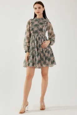 KoAi Peach And Olive Floral Short Dress
