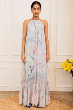 Varun Bahl Pret Ice Blue Floral Printed Maxi Dress