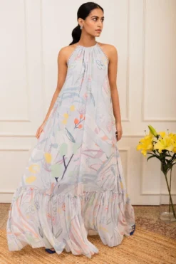 Varun Bahl Pret Ice Blue Floral Printed Maxi Dress -Inca Clothing Shop 111vb15 3