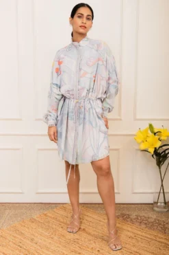 Varun Bahl Pret Ice Blue Floral Printed Shirt Dress