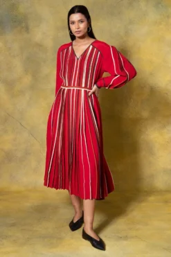 Bodice Red Deep Neck Hand Bound Pleated Dress