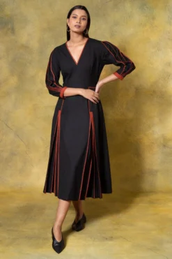 Bodice Black Deep Neck Hand Bound Pleated Dress