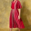 Bodice Red V-neck Hand Bound Pleated Dress