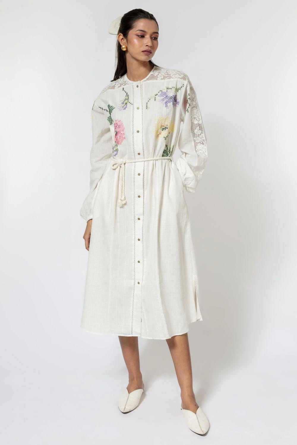 Ode To Odd White Handwoven Cotton Embroidered Shirt Dress 1 Ode To Odd White Handwoven Cotton Embroidered Shirt Dress