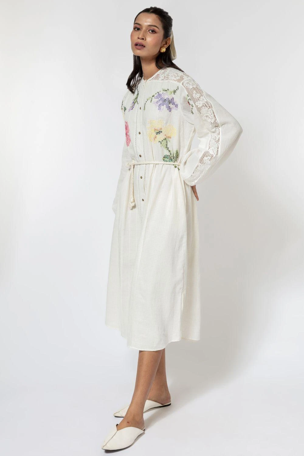 Ode To Odd White Handwoven Cotton Embroidered Shirt Dress 2 Ode To Odd White Handwoven Cotton Embroidered Shirt Dress - Image 2