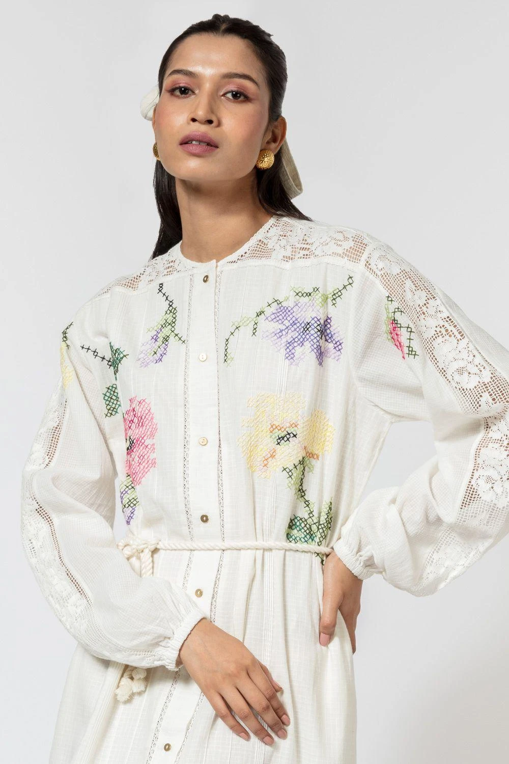 Ode To Odd White Handwoven Cotton Embroidered Shirt Dress 4 Ode To Odd White Handwoven Cotton Embroidered Shirt Dress - Image 4