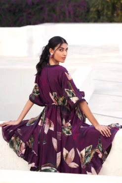 Varun Bahl Pret Burgundy Botanical Printed Asymmetric Dress -Inca Clothing Shop 12423vbf40 4