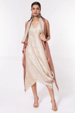 Bodhi Tree Ivory Silk Zari Cowl Drape Dress With Jacket