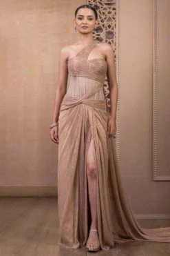 Tarun Tahiliani Rose Gold Sculpted Draped Dress