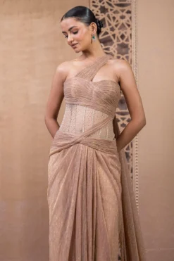 Tarun Tahiliani Rose Gold Sculpted Draped Dress -Inca Clothing Shop 12623tt42 3