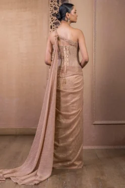 Tarun Tahiliani Rose Gold Sculpted Draped Dress -Inca Clothing Shop 12623tt42 4