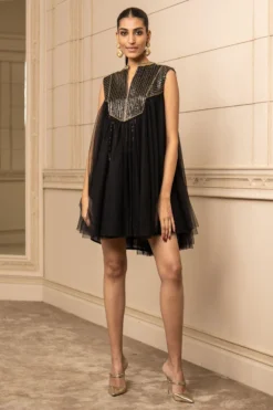 Tarun Tahiliani Black Draped Dress With A Corseted Bodice