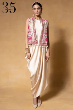Tarun Tahiliani Ivory Embellished Gilet & A Draped Dress