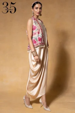 Tarun Tahiliani Ivory Embellished Gilet & A Draped Dress -Inca Clothing Shop 1411tt21 4