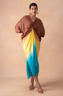 Inca Radiant Multi-hued Ombre Knot Kaftan Dress