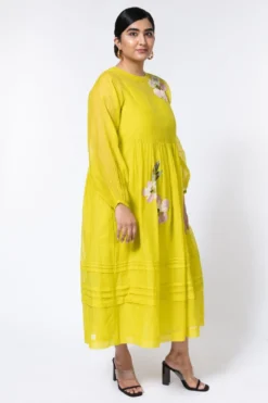 Half Full Curve Lime Green Floral Gather Dress -Inca Clothing Shop 153hfc11 3