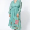 Half Full Curve Blue Floral Embroidered Gather Dress