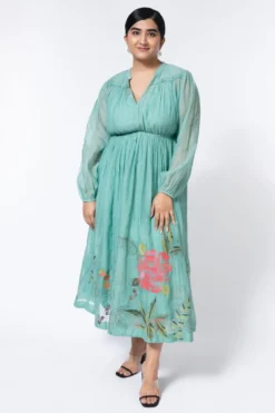 Half Full Curve Blue Floral Embroidered Gather Dress