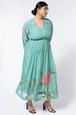 Half Full Curve Blue Floral Embroidered Gather Dress -Inca Clothing Shop 153hfc12 3