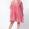 Half Full Curve Sorbet Pink Floral Embroidered Mini Dress