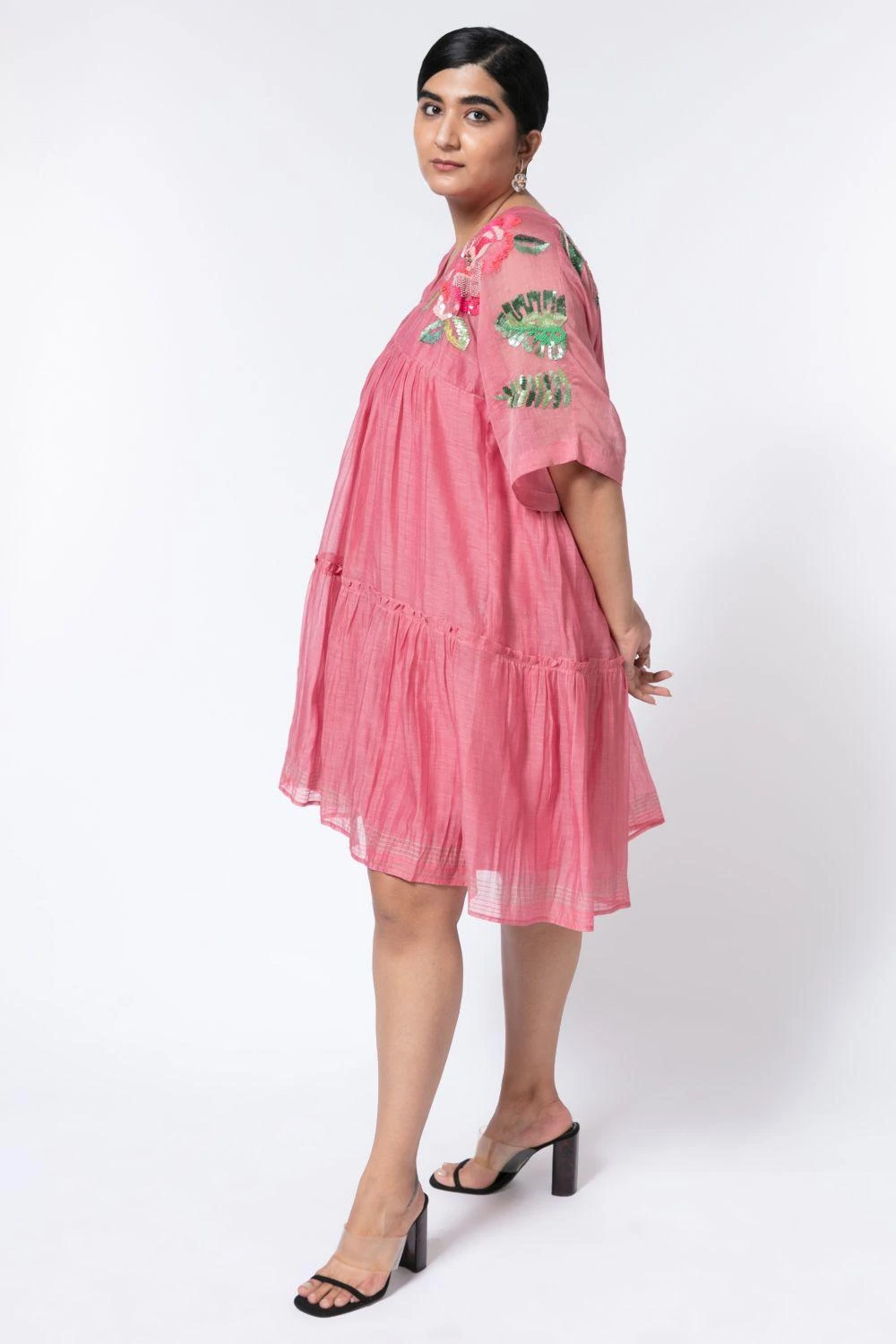 Half Full Curve Sorbet Pink Floral Embroidered Mini Dress 2 Half Full Curve Sorbet Pink Floral Embroidered Mini Dress - Image 2