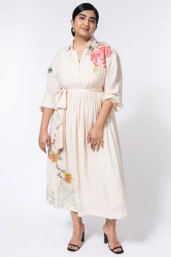 Half Full Curve Ivory Floral Embroidered Shirt Dress