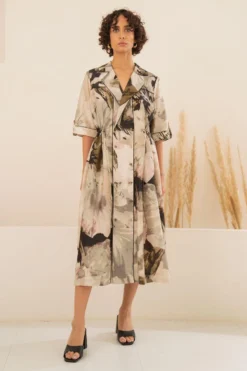 Arcvsh By Pallavi Singh Grey Floral Printed Gathered Shirt Dress