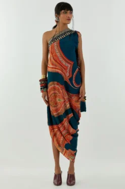 Aseem Kapoor Deep Teal Rasa One Shoulder Dress