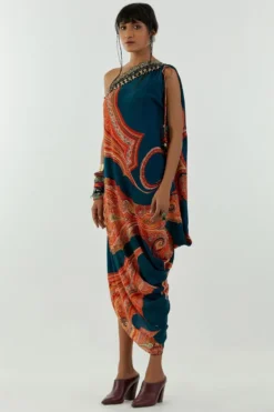 Aseem Kapoor Deep Teal Rasa One Shoulder Dress 7 Aseem Kapoor Deep Teal Rasa One Shoulder Dress -Inca Clothing Shop 160523ak04 3