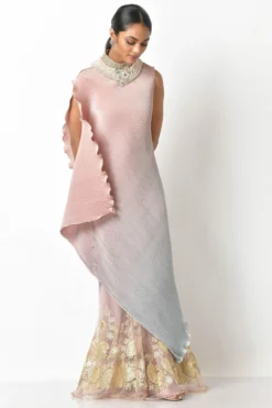 Kiran Uttam Ghosh Ombre Salmon & Mint Pleated Dress