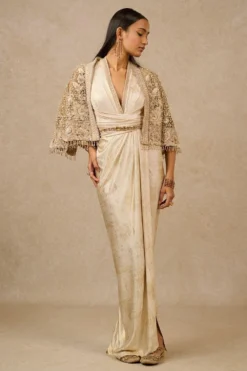 Tarun Tahiliani Gold Gara Embroidered Cape & Dress Set -Inca Clothing Shop 16923tt37 2