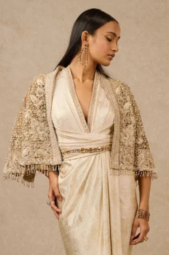 Tarun Tahiliani Gold Gara Embroidered Cape & Dress Set -Inca Clothing Shop 16923tt37 3