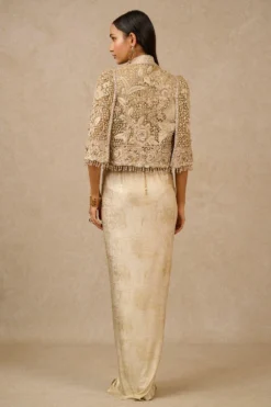 Tarun Tahiliani Gold Gara Embroidered Cape & Dress Set -Inca Clothing Shop 16923tt37 4