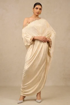 Tarun Tahiliani Gara Embroidered Asymmetric Off Shoulder Dress