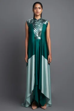 Amit Aggarwal Metallic Panelled Emerald Dress