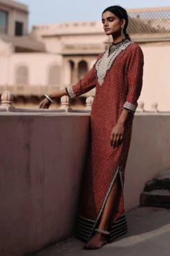 Avacara Maroon Handblock Printed Kaftan Dress