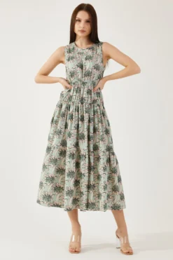 KoAi Olive And Green Floral Sleeveless Midi Dress
