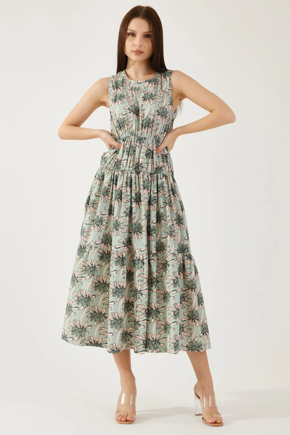 KoAi Olive And Green Floral Sleeveless Midi Dress 1 KoAi Olive And Green Floral Sleeveless Midi Dress