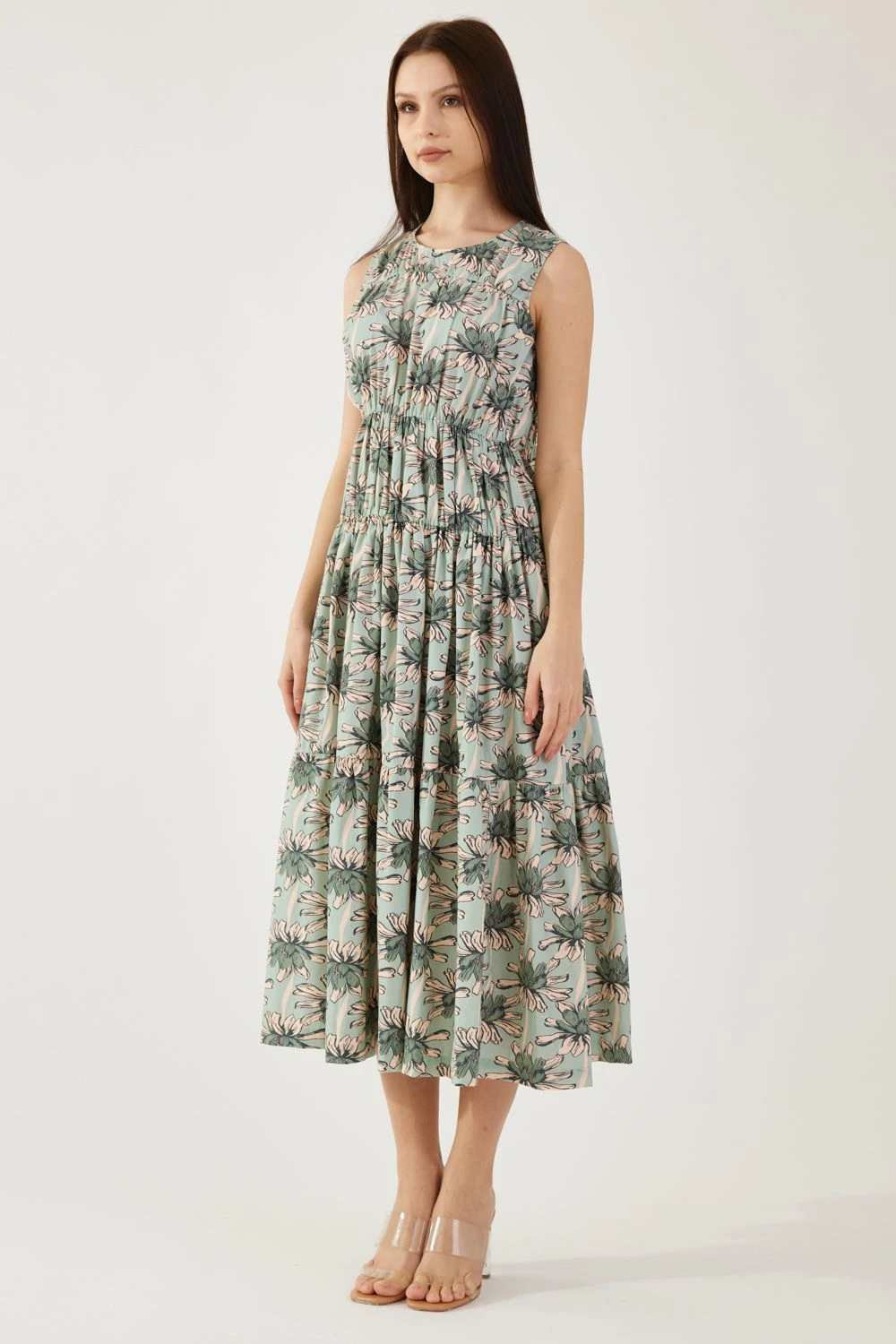 KoAi Olive And Green Floral Sleeveless Midi Dress 2 KoAi Olive And Green Floral Sleeveless Midi Dress - Image 2
