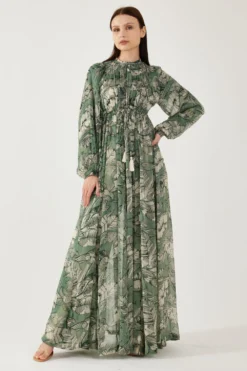 KoAi Cream And Olive Floral Kaftan Dress