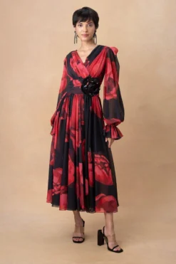 Gauri & Nainika Red & Black Floral Dress
