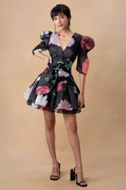 Gauri & Nainika Black V-Neck Frilled Short Dress