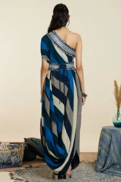 SVA Blue-Hued Stripe Print One-Shoulder Cowl Dress -Inca Clothing Shop 181123sva90 7