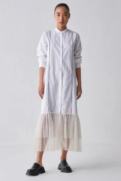 Three White Gathered Hem Shirt Dress